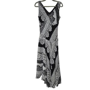 K Studio Collection Black White Geometric Lace Print Handkerchief Hem Dress 8